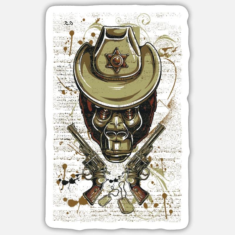 Cowboy Affe mit Pistolen - Sticker Größe S (10 x 10 cm) - Mattweiß