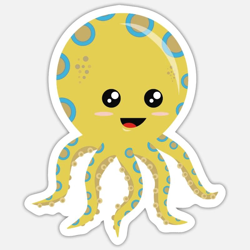 Poulpe flottant jaune-bleu espiègle - Sticker taille S (10 x 10 cm) - blanc mat