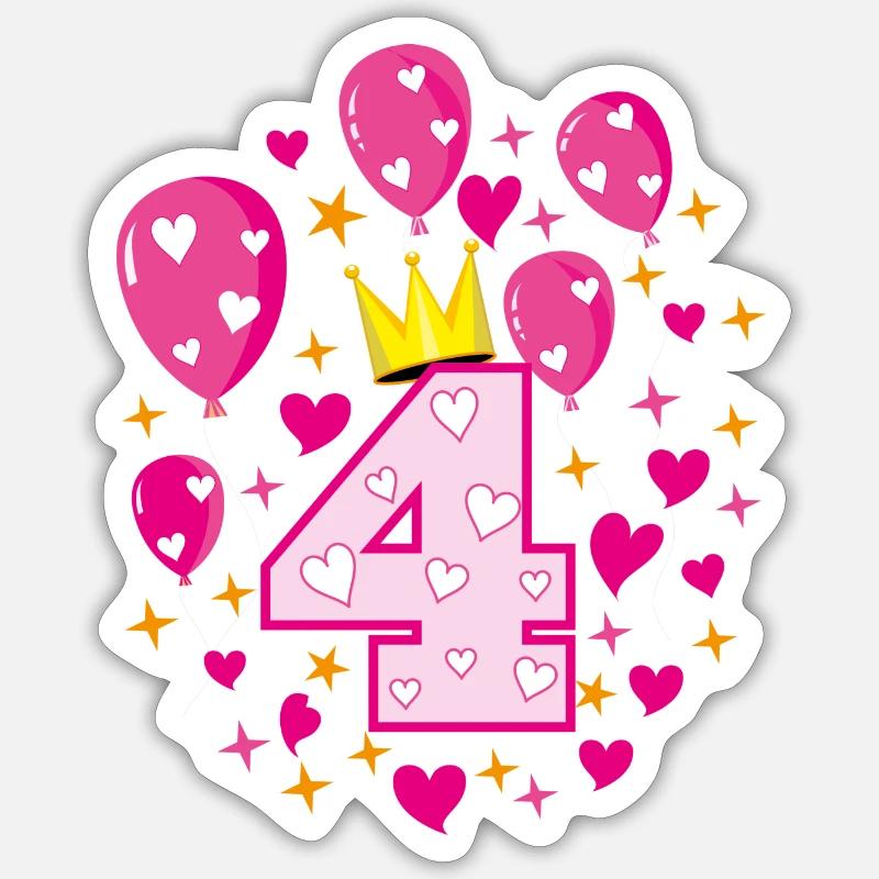 04 4 Geburtstag Mädchen Luftballons Krone Sterne - Sticker Größe S (10 x 10 cm) - Mattweiß