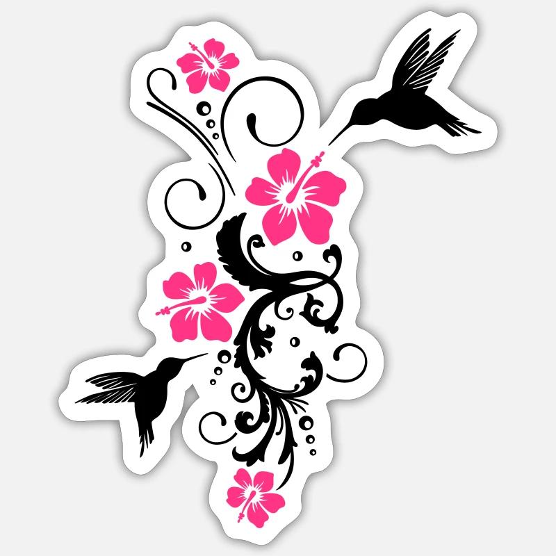Colibri avec des fleurs d'hibiscus - Sticker taille S (10 x 10 cm) - blanc mat