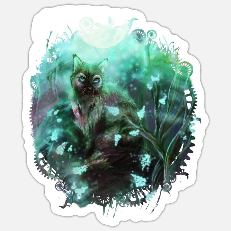 Chat dans la forêt magique - Sticker taille S (10 x 10 cm) - blanc mat