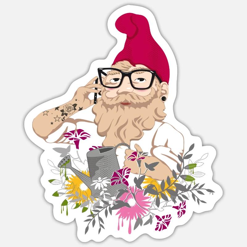 Uno gnomo da giardino come hipster con occhiali e tatuaggi - Sticker formato S (10 x 10 cm) - bianco opaco