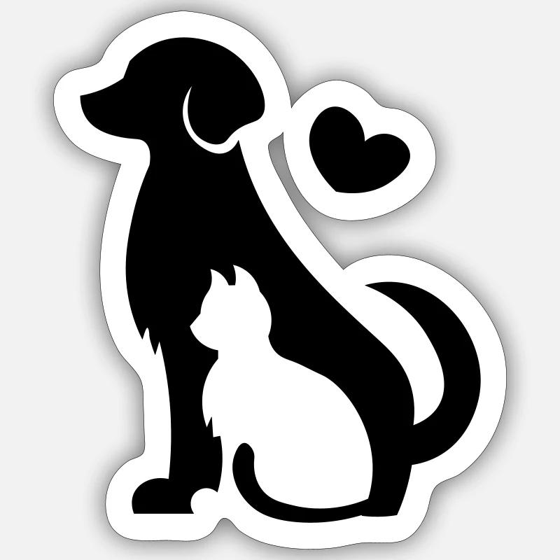 Hund und Katze - Tierfreunde Geschenkidee mit Herz - Sticker Größe S (10 x 10 cm) - Mattweiß