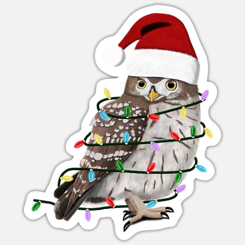 Eule Lichterkette Weihnachten Vogel Mütze - Sticker Größe S (10 x 10 cm) - Mattweiß