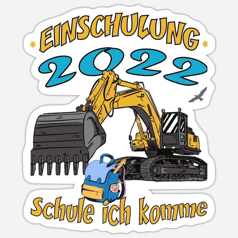 Einschulung 2022 Bagger Schule ich komme - Sticker Größe S (10 x 10 cm) - Mattweiß