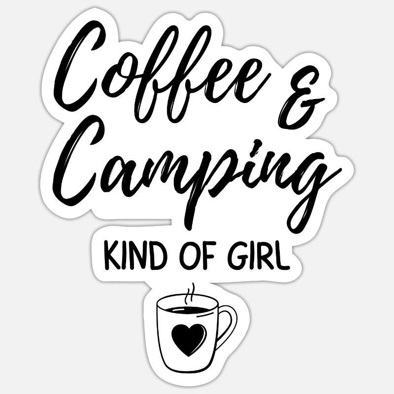 Kaffee & Camping Art von Mädchen. - Sticker Größe S (10 x 10 cm) - Mattweiß