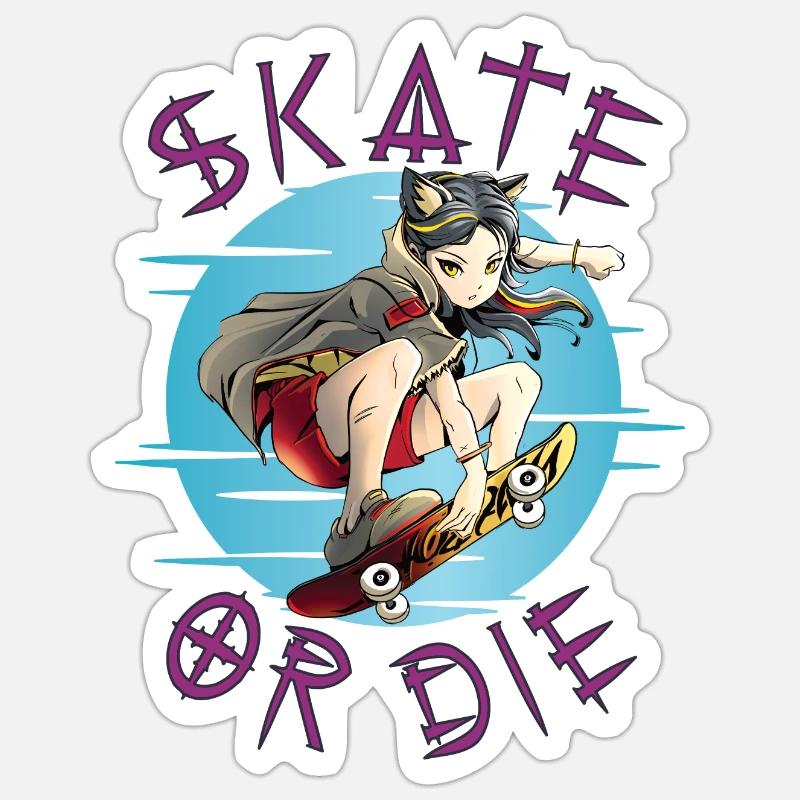 Skate oder stirb Skateboarder Anime Mädchen Sticker Größe S (10 x 10 cm)