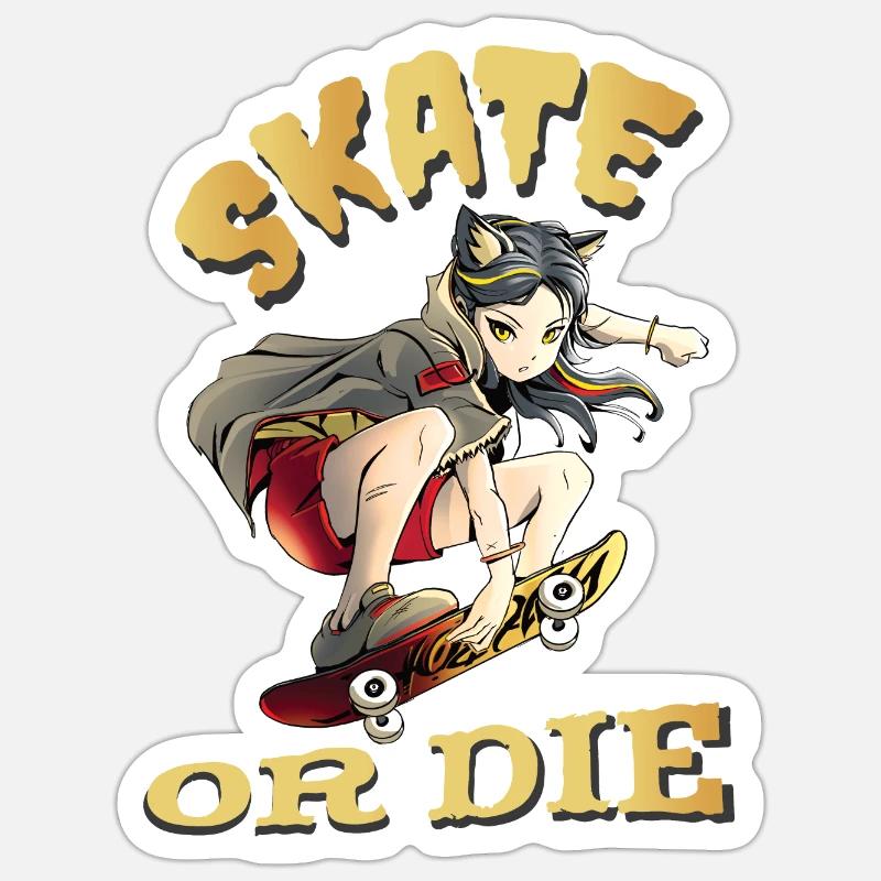 Skate oder stirb Skateboarder Anime Mädchen Sticker Größe S (10 x 10 cm)