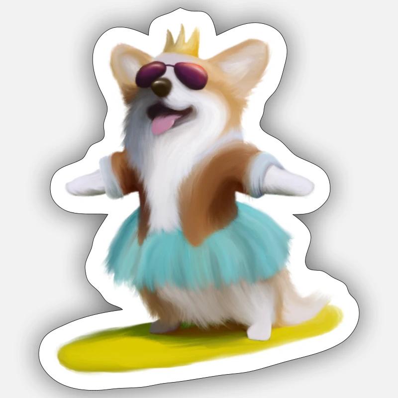 surfer Corgi - Sticker Größe S (10 x 10 cm) - Mattweiß