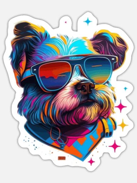 Terrier mit Sonnenbrille bunt und farbenfroh - Sticker Größe S (10 x 10 cm) - Mattweiß