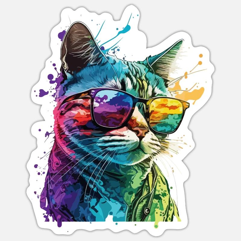 Katze Mit Sonnenbrille Splash Bunt Tier Kunst - Sticker Größe S (10 x 10 cm) - Mattweiß