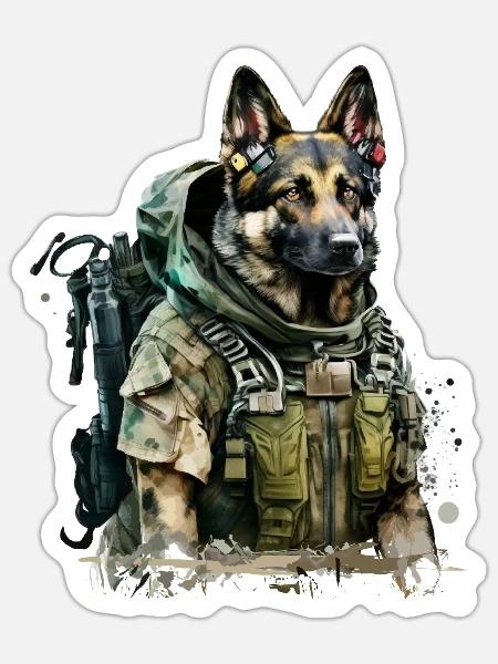 Deutscher Schäferhund als Soldat - Sticker Größe S (10 x 10 cm) - Mattweiß
