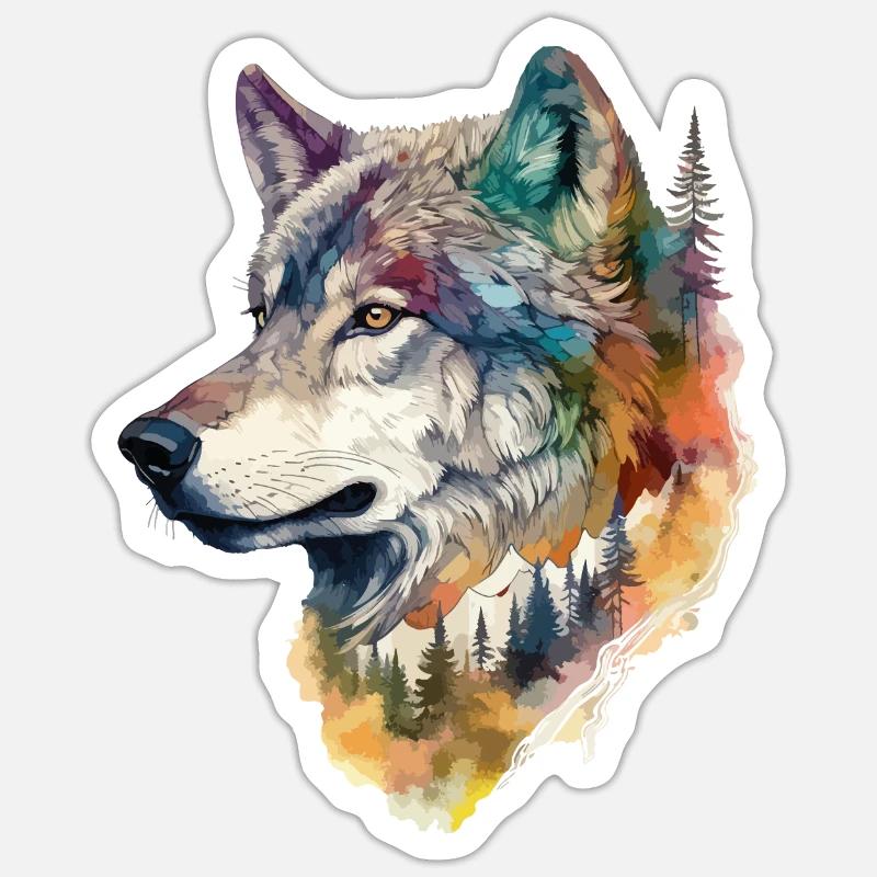Wolf Wolf’s Head Nature Wilderness Forest Trees Art - Sticker taille S (10 x 10 cm) - blanc mat