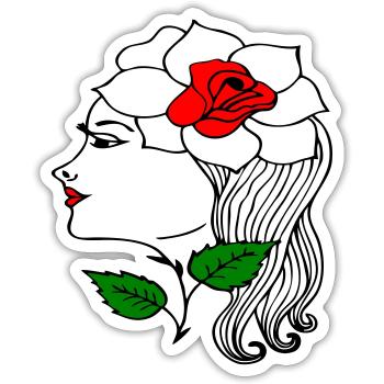 Tête de femme avec une rose dans les cheveux - Sticker taille S (10 x 10 cm) - blanc mat - Devant