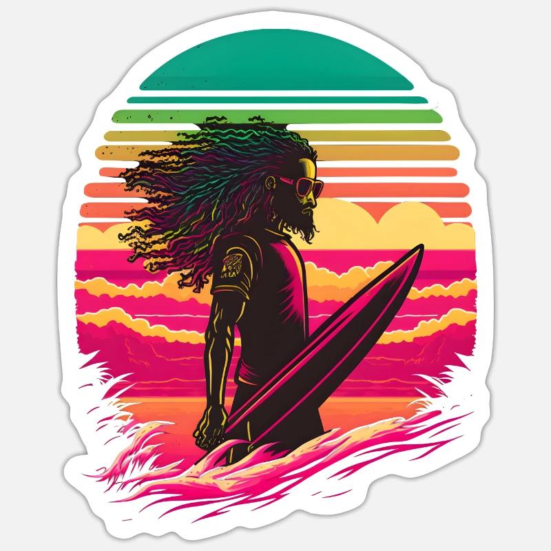 Synthwave Rasta Man surfing - Sticker Größe S (10 x 10 cm) - Mattweiß