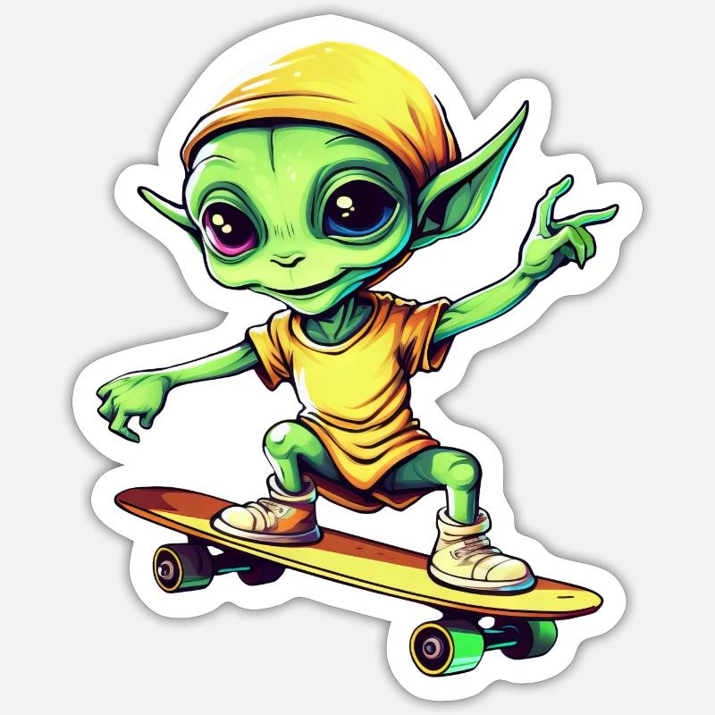 Alien vert sur skateboard : Intergalactique - Sticker taille S (10 x 10 cm) - blanc mat