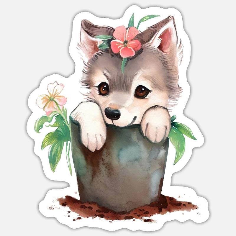 Chiot chiot dans un pot de fleurs - Sticker taille S (10 x 10 cm) - blanc mat