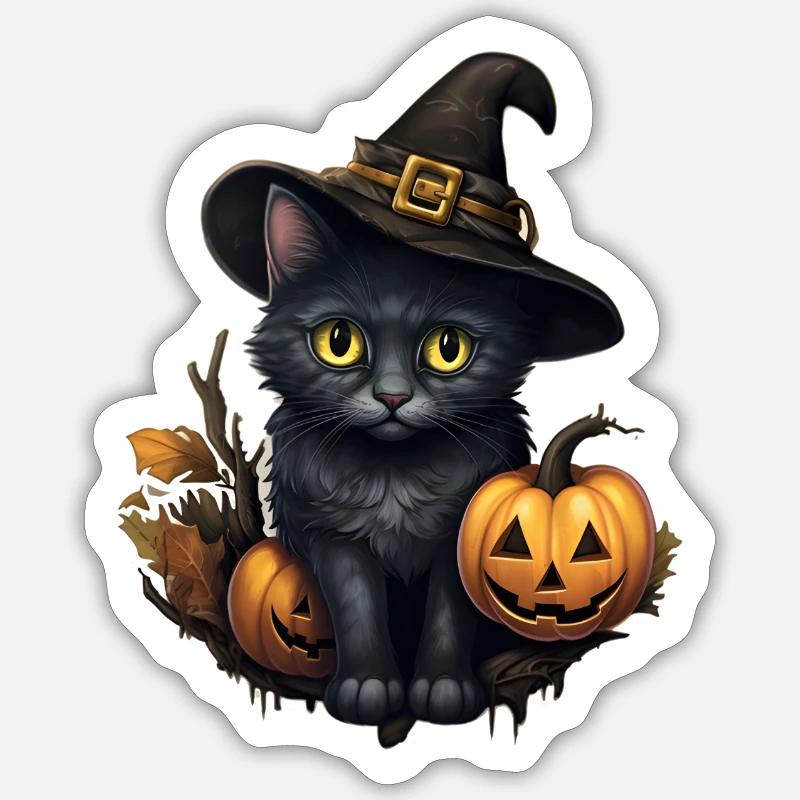 Halloween black cat with hat and pumpkin Sticker size S (10 x 10 cm)