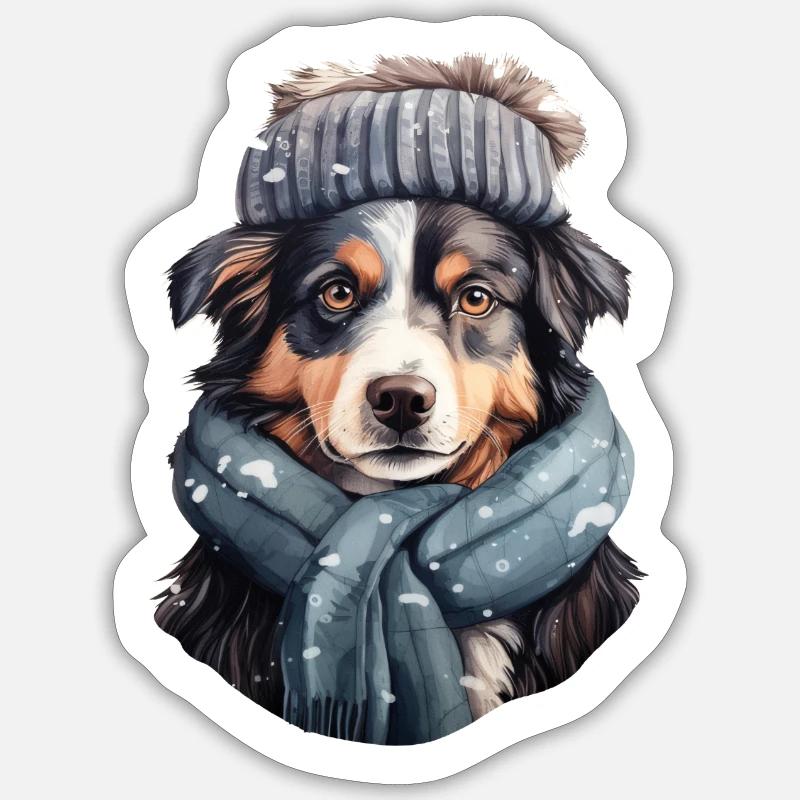 Australian Sheperd im Winterwunderland - Sticker Größe S (10 x 10 cm) - Mattweiß