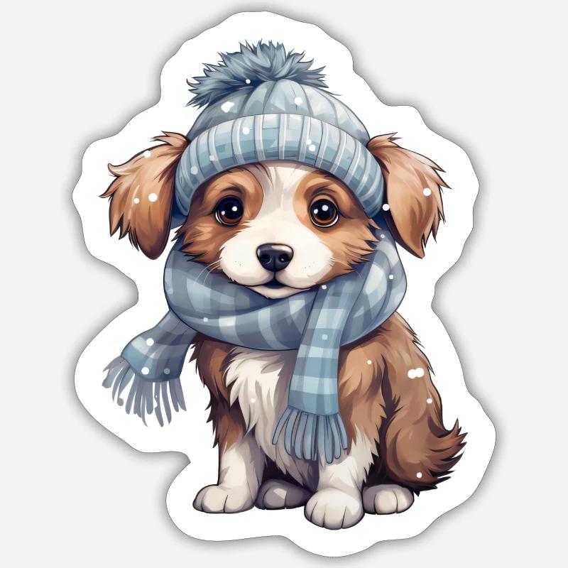 chiot mignon en hiver - Sticker taille S (10 x 10 cm) - blanc mat