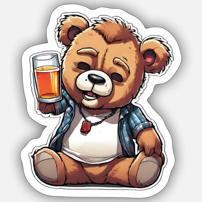 Feiernder Teddy mit Bier - Sticker Größe S (10 x 10 cm) - Mattweiß