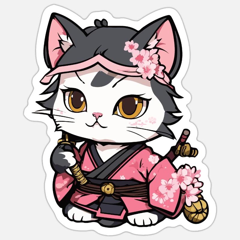 Samurai Cat & Cherry Blossoms #12 Sticker size S (10 x 10 cm)