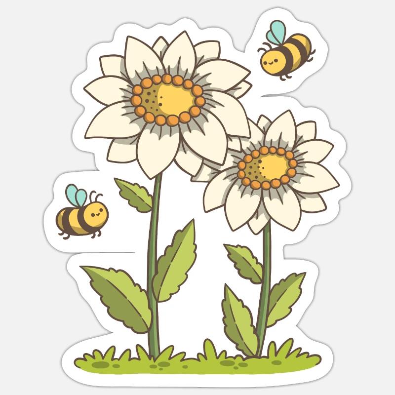 Bees and flowers - Sticker size S (10 x 10 cm) - white matte