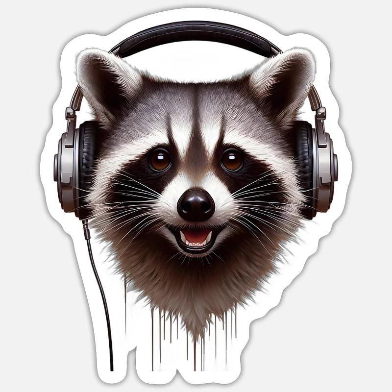 Waschbär mit Kopfhörern Sticker Größe S (10 x 10 cm)