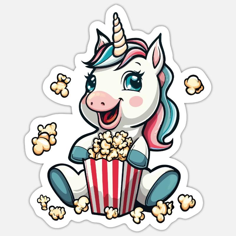Aufgeregtes Einhorn mit Popcorneimer Sticker Größe S (10 x 10 cm)