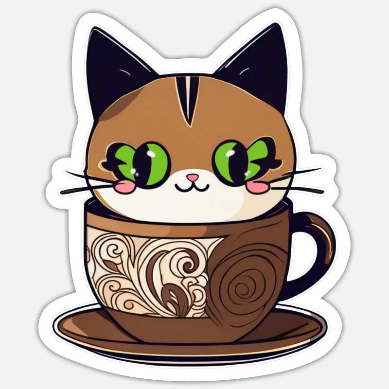 Chat de café mignon Sticker taille S (10 x 10 cm)