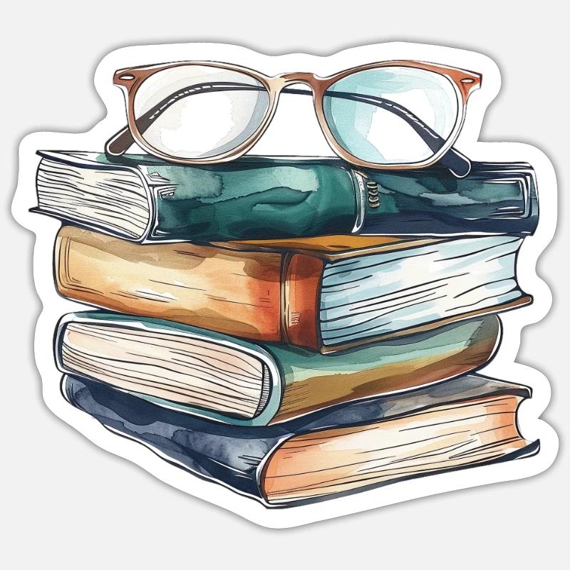 Stack of classic books with glasses on them Sticker size S (10 x 10 cm)