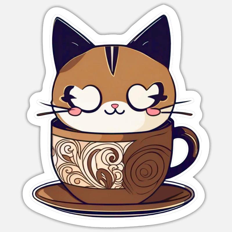Chat de café mignon - Sticker taille S (10 x 10 cm) - blanc mat