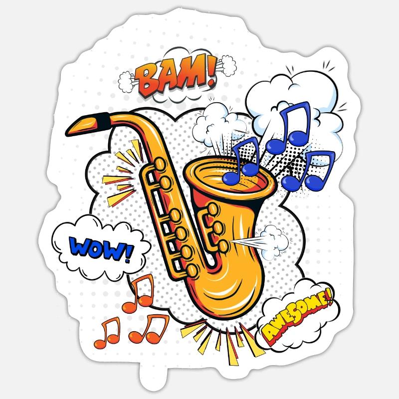 Saxophone Style Bande Dessinée - Sticker taille S (10 x 10 cm) - blanc mat