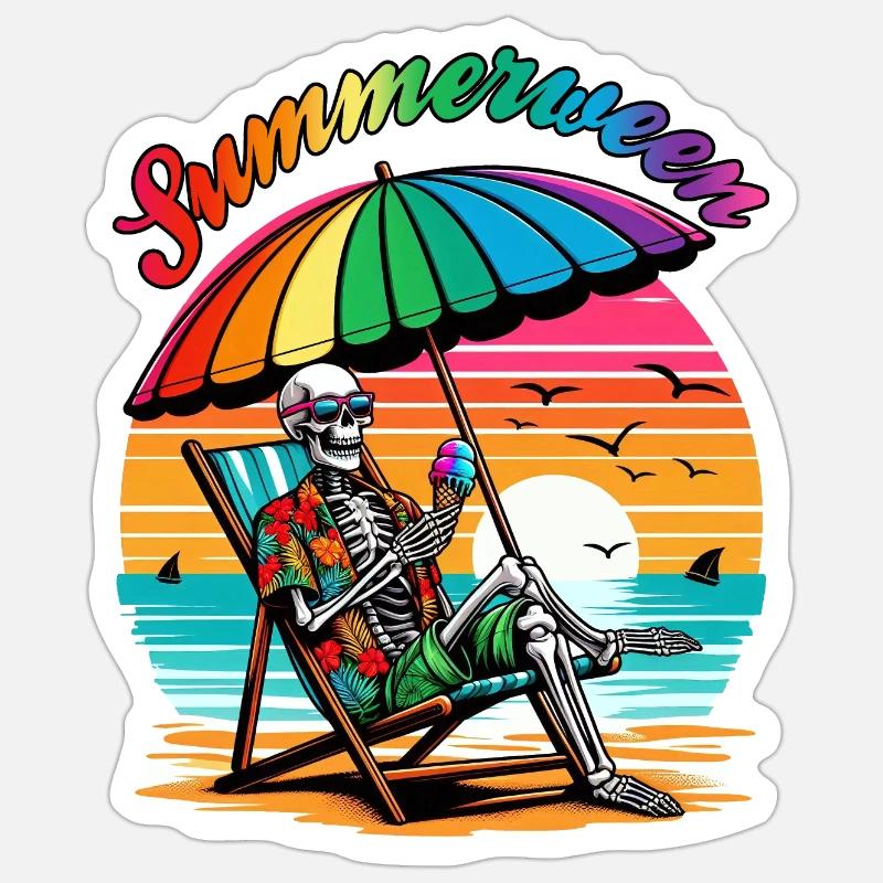 Summerween Skeleton: Chillen im Sommer - Sticker Größe S (10 x 10 cm) - Mattweiß