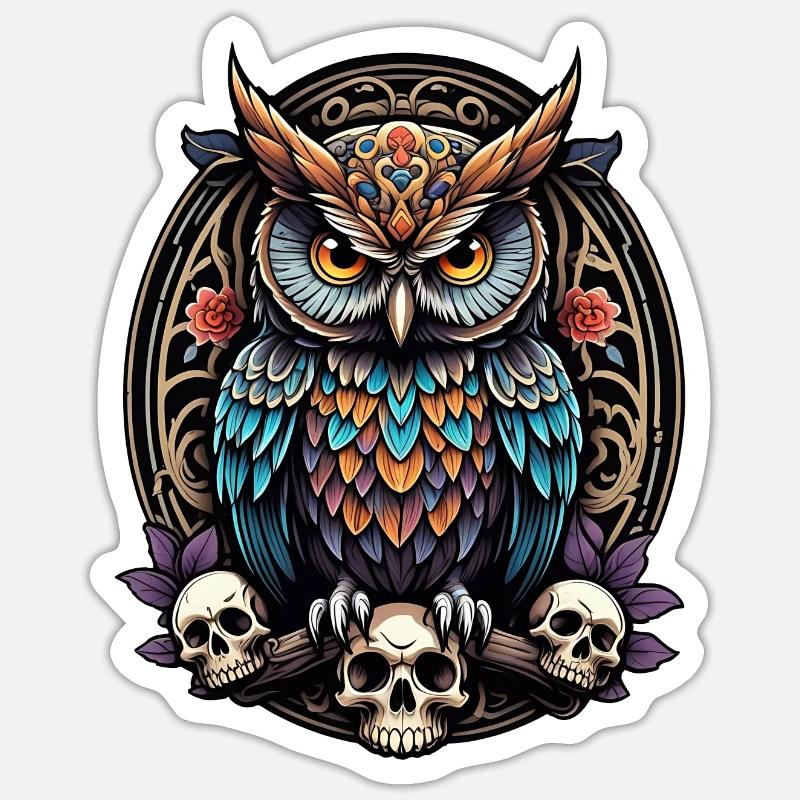 Dekorative bunte Eule mit Schädel Sticker Größe S (10 x 10 cm)