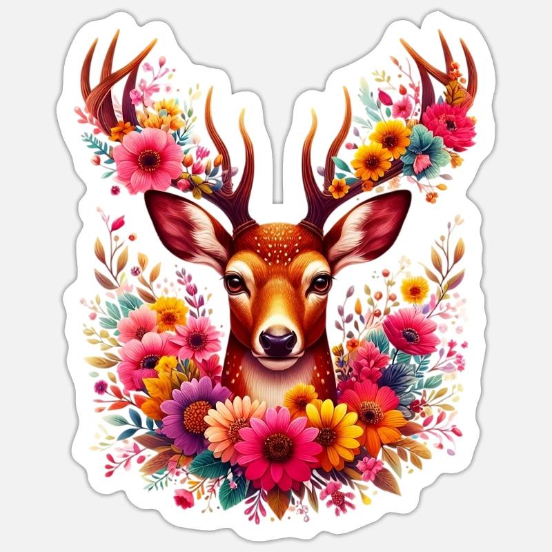 Cerf décoré de fleurs Sticker taille S (10 x 10 cm)