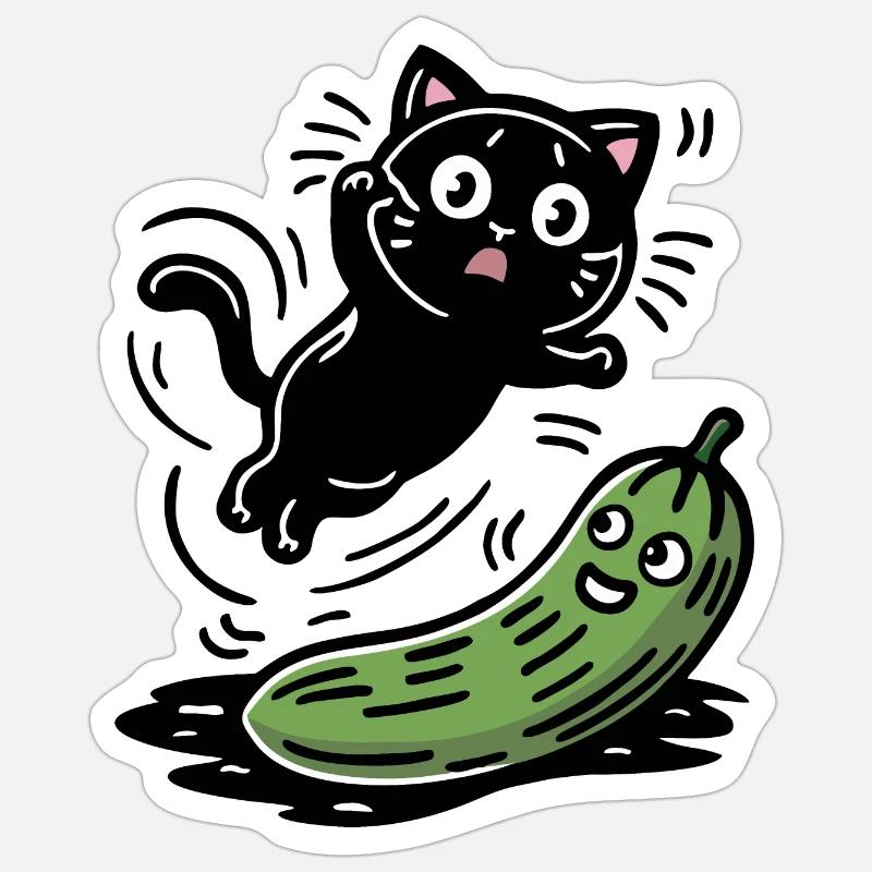 Chat effrayé et concombre Sticker taille S (10 x 10 cm)