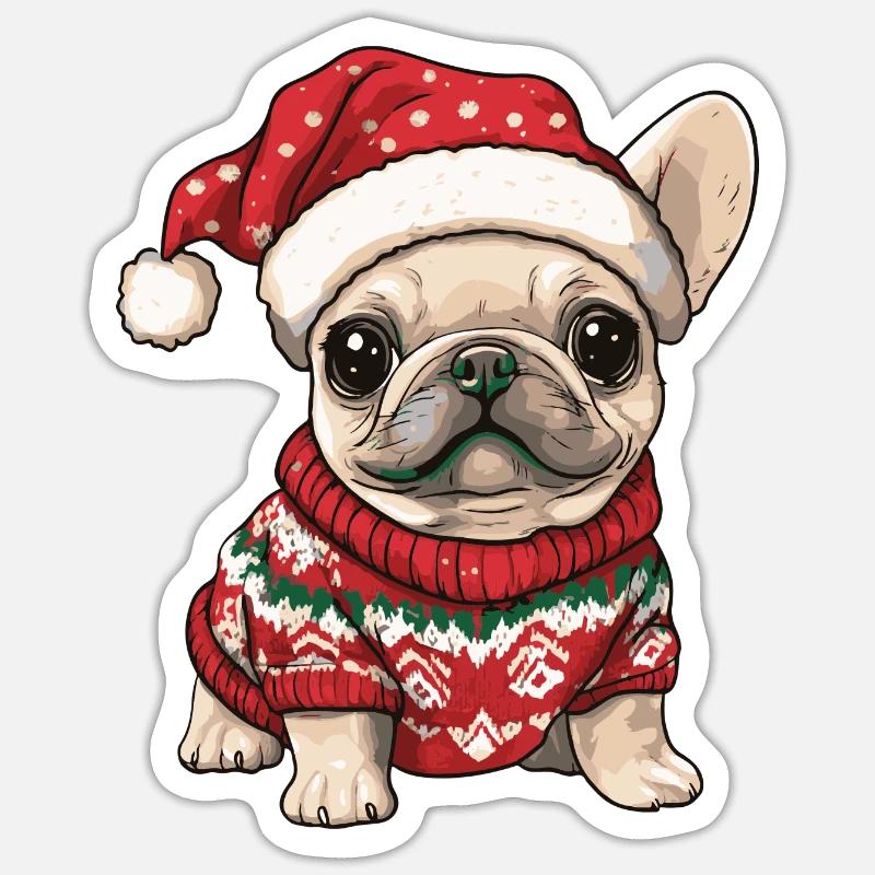 Buldog Français Chien Noël - Sticker taille S (10 x 10 cm) - blanc mat