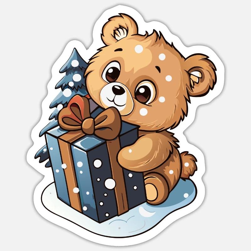 Cute bear unwrapping gift - Sticker size S (10 x 10 cm) - white matte