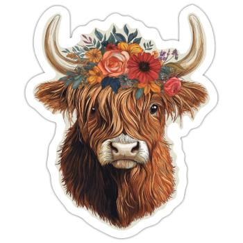 Hochlandrind mit Blumen - Sticker Größe S (10 x 10 cm) - Mattweiß - Vorne