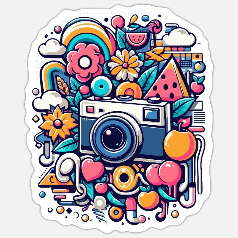 Bunte Collage mit Kamera - Sticker Größe S (10 x 10 cm) - Mattweiß