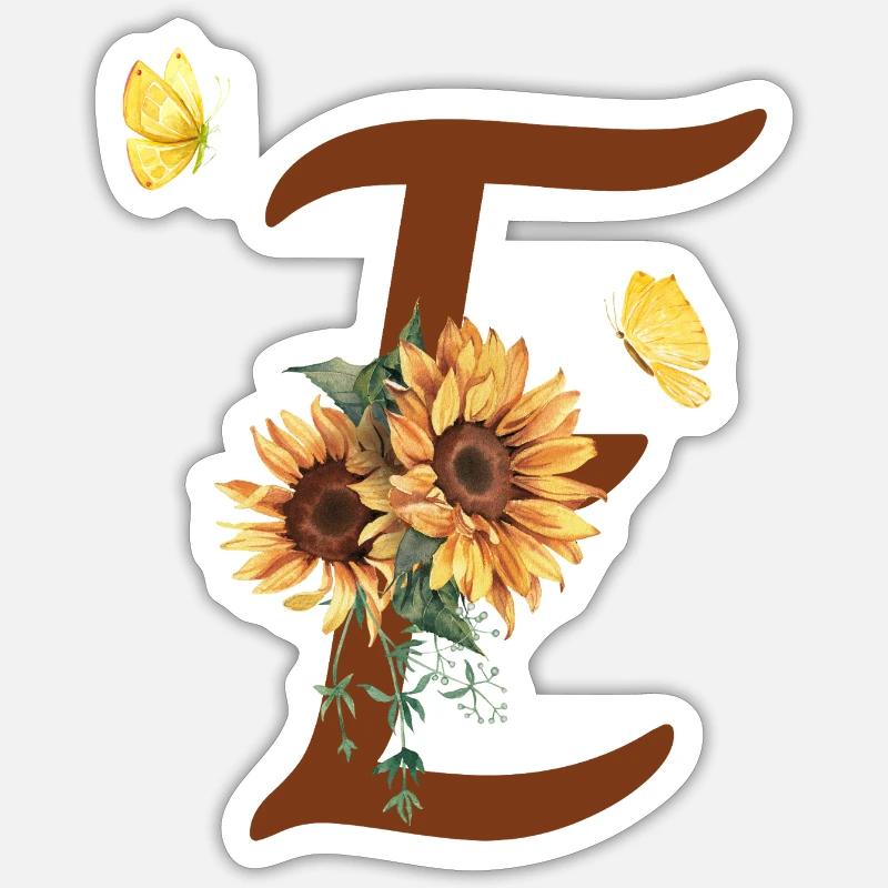 Lettre e tournesol papillon - Sticker taille S (10 x 10 cm) - blanc mat