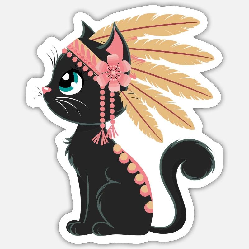 Boho Plume Chat - Sticker taille S (10 x 10 cm) - blanc mat