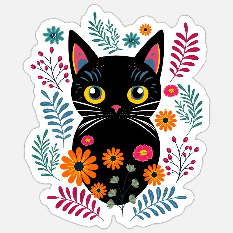 Chat et fleurs sauvages - Sticker taille S (10 x 10 cm) - blanc mat