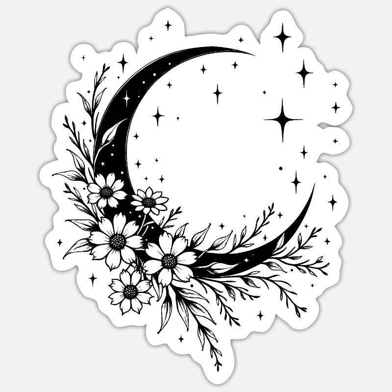 Halbmond mit Blumen und Sternen – Boho Design - Sticker Größe S (10 x 10 cm) - Mattweiß