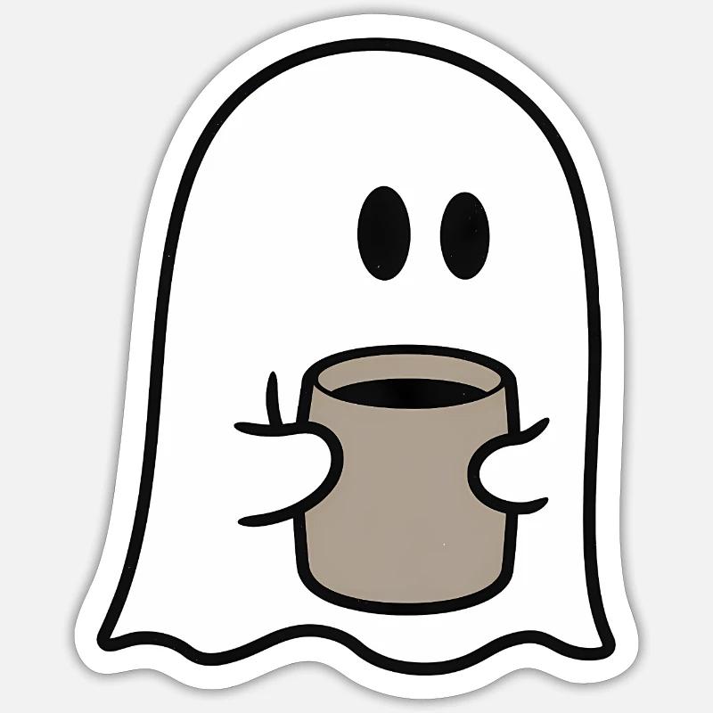 Cute Ghost Holding Coffee - Sticker size S (10 x 10 cm) - white matte