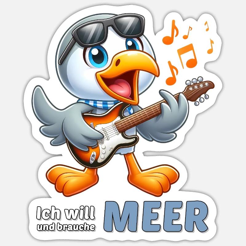 Cheerful seabird with guitar - Sticker size S (10 x 10 cm) - white matte