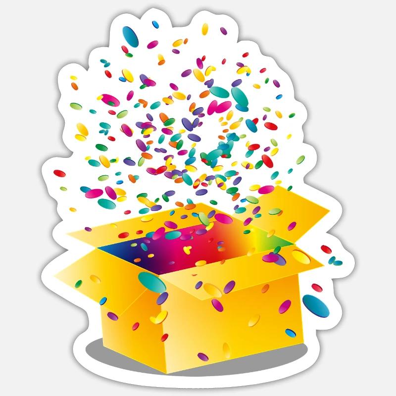 Gelbe Box mit buntem Konfetti - Sticker Größe S (10 x 10 cm) - Mattweiß
