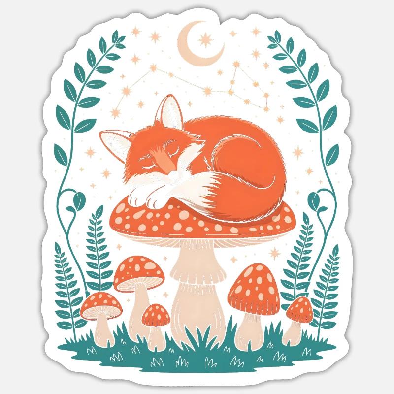 Whimsical Fox Sleeping on Mushroom - Sticker size S (10 x 10 cm) - white matte