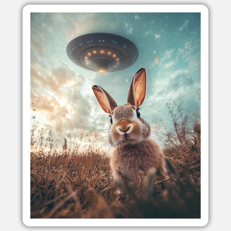 Rabbit selfie with UFO - Sticker size S (10 x 10 cm) - white matte